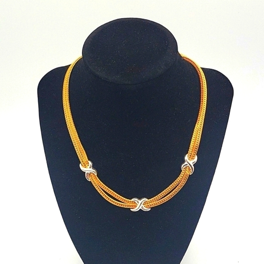 AVON Signed Vintage Double Strand Gold Tone Necklace Silver Accents